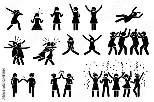 Female, girl, or woman celebration poses and gestures. Artwork shows girl celebrating by dabbing, raising hands, jumping up, hug, chest bump, high five, throwing person the air and group celebration.