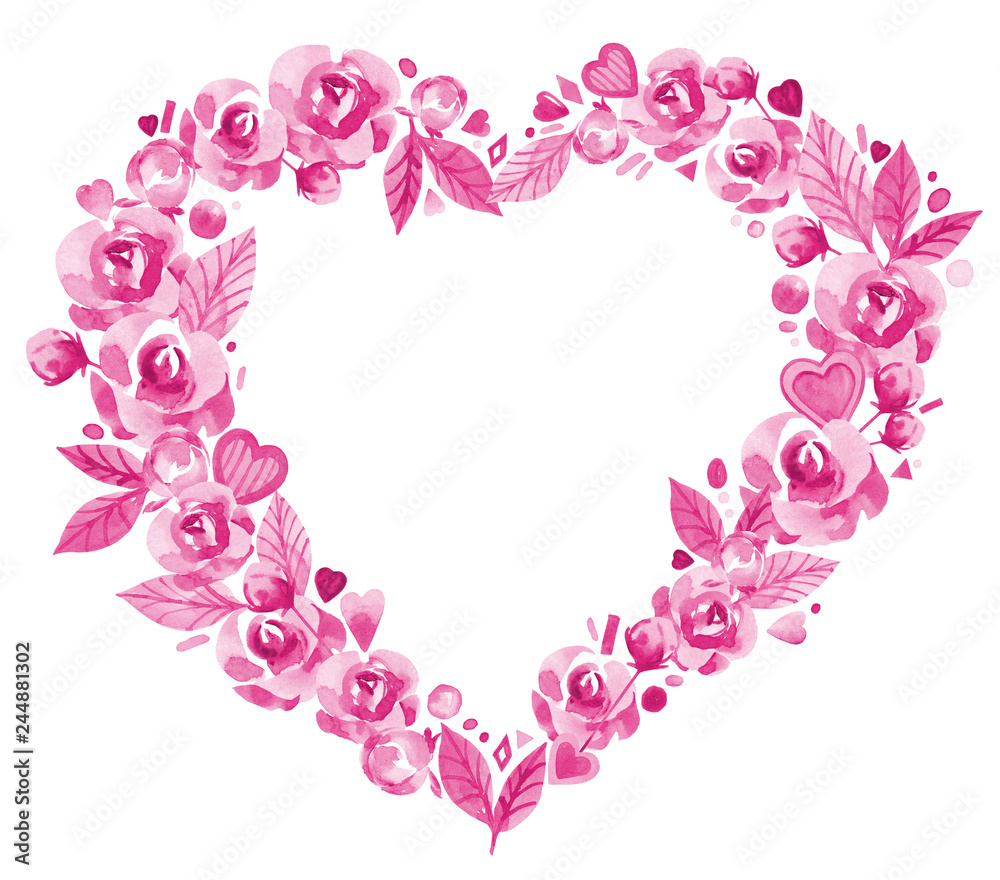 Hand painted watercolor Valentine's day pink flower and hearts in heart shape isolated on white. Perfect for gift cards, collages and other design purposes.