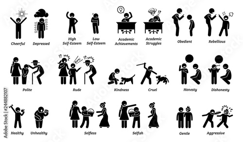 Child characteristics, attitudes, feelings, and emotions. Illustrations depict the opposite behaviors and emotions of kids and children.