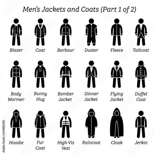 Men jackets and coats. Stick figures depict a set of different types of jackets and coats clothes. This fashion clothings design are wear by men or male. Part 1 of 2. photo