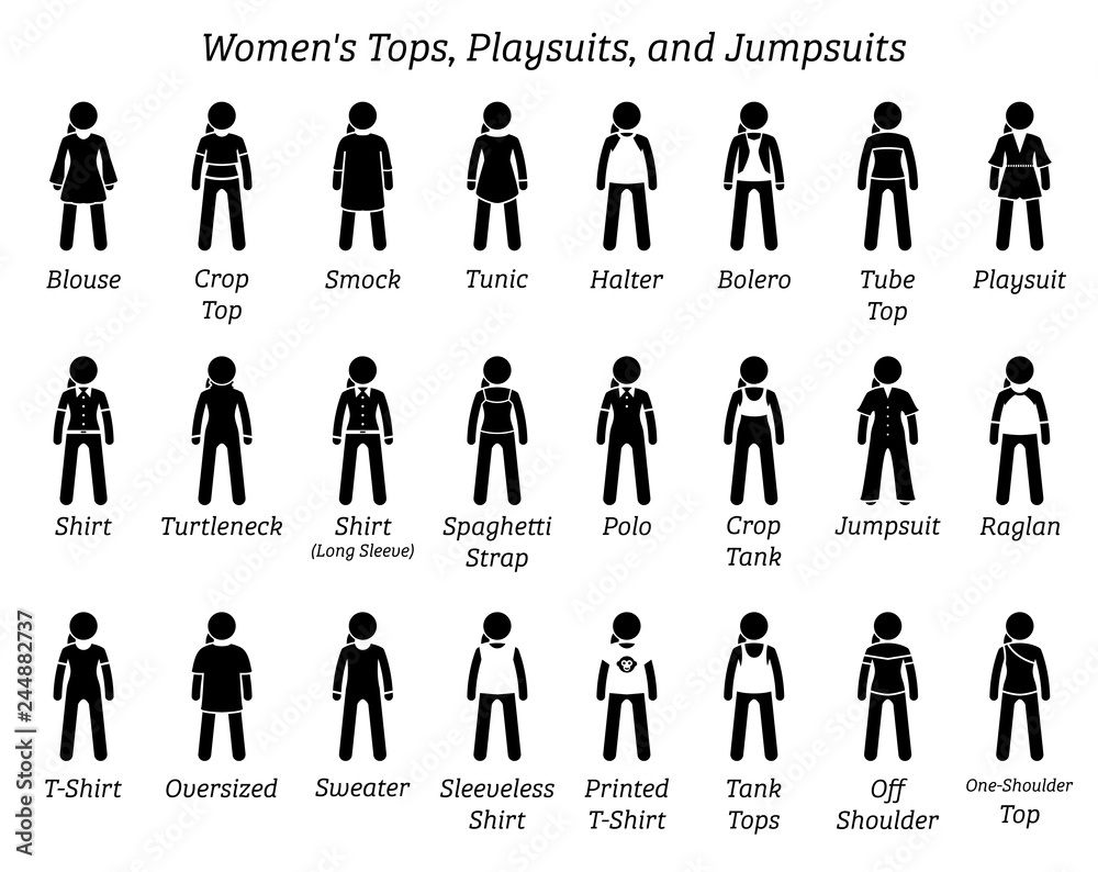 Women tops, playsuits, and jumpsuits. Stick figures depict a set of different  type of tops, t-shirt, shirts, playsuits, and jumpsuits. This fashion  clothing designs are wear by female, lady, and girl. Stock