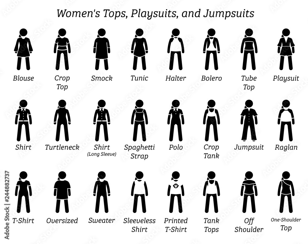 Women Tops Playsuits And Jumpsuits Stick Figures Depict A Set Of 