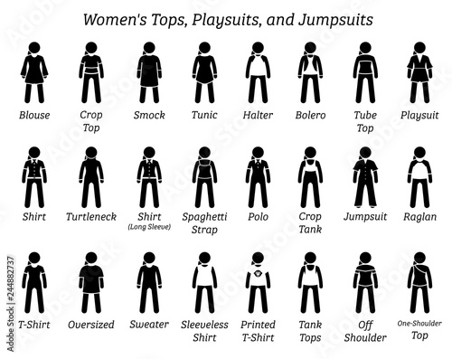 Women tops, playsuits, and jumpsuits. Stick figures depict a set of different type of tops, t-shirt, shirts, playsuits, and jumpsuits. This fashion clothing designs are wear by female, lady, and girl.