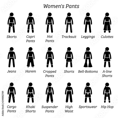 Women pants, trousers, and shorts. Stick figures depict a set of different bottoms, pants, trousers, and shorts. This fashion clothing designs are wear by woman, females, ladies, and girls.