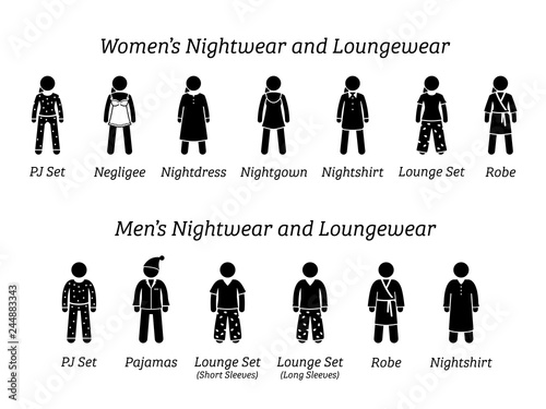 Men and women nightwear and loungewear fashion designs. Stick figures depict different type of sleepwear, pajamas, and clothing that wear at home or house.