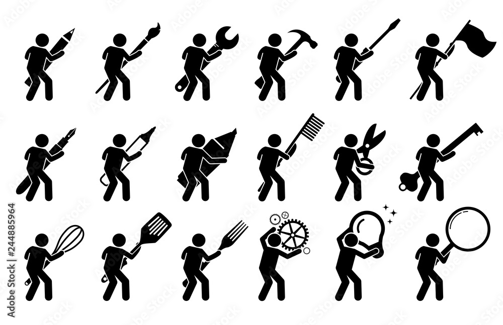 Stick figure stick man using various tools, and equipments. It includes writing and drawing instruments, mechanic tools, cooking utensils, and other objects. Stock-Vektorgrafik