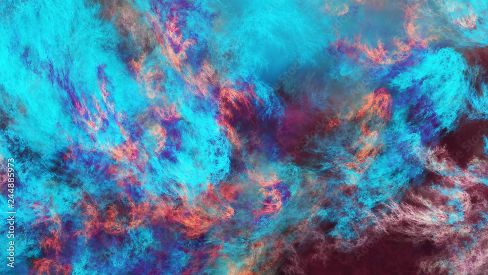 Abstract surreal blue and orange clouds. Expressive brush strokes. Fractal background. 3d rendering.