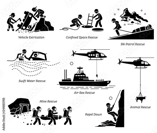 Rescue operations pictograms. Illustrations depict life saving and rescue operation in different places and situations for both human and animal.