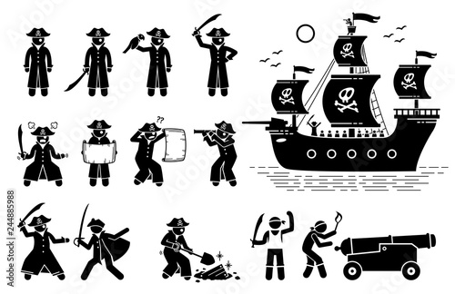 Pirate poses and ship. Stick figure pictogram depicts pirates in different actions such as sword fighting, reading map, using spyglass, finding treasure, firing cannon ball, and sailing on ship.