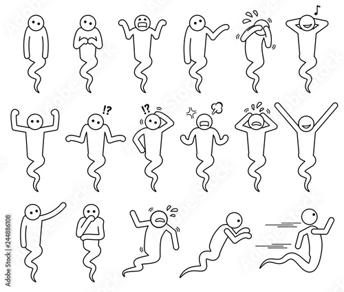 Ghost basic poses and postures. Set of icons depict white soul and spirit in different actions and emotions.