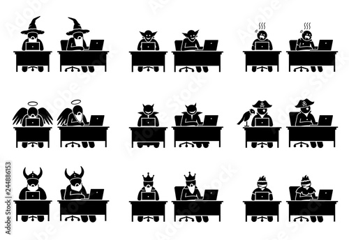 Different characters and people using computer to surf the Internet. The characters are wizard, troll, zombie, God, Satan, devil, pirate, viking warrior, king, and bandit working online with laptop.