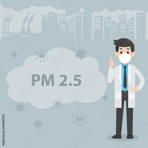 Doctor wearing protective face masks Character Medical Health care concept, factory pipes emitting smoke on background. Fine dust, PM 2.5, air pollution, industrial smog, pollutant gas emission.