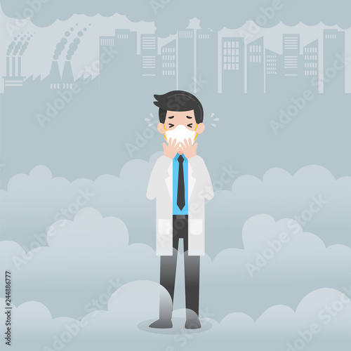 Doctor wearing protective face masks Character Medical Health care concept, factory pipes emitting smoke on background. Fine dust, PM 2.5, air pollution, industrial smog, pollutant gas emission.