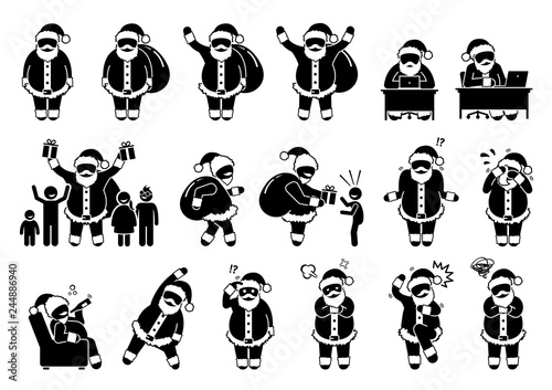 Santa Claus basic postures and feelings pictograms. Stick figure depict various poses and emotions of Santa Claus during Christmas. Icons also include using computer and giving gift to children.