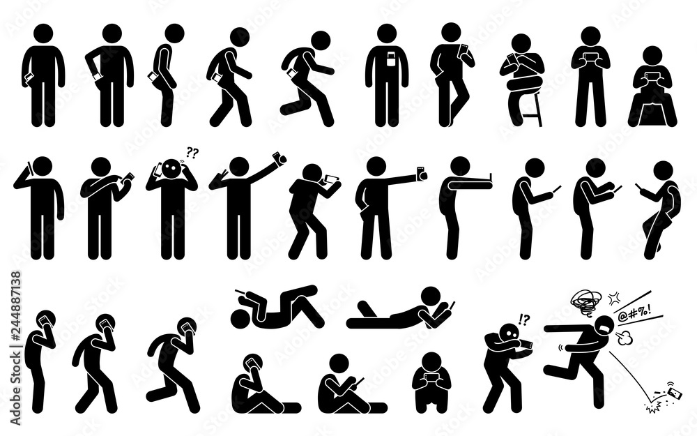 Man using, holding, and carrying phone or smartphone in different basic position and postures. Stick figures depict a set of human with a cellphone.