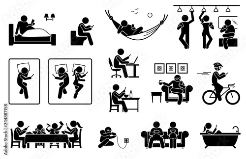 People using phone at different places. Icons depict human with smartphone on bed, toilet, train, sofa, and bathtub. They also use phone during work, meal, resting, cycling and charging battery.