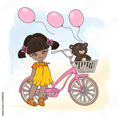 GIRL CYCLE Cartoon Vector Illustration Set for Print, Fabric and Design.