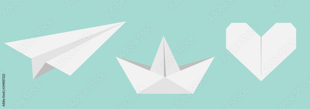 Origami paper plane, boat ship, heart icon set. Gray color. Handmade toy line. Flat design. Cute love symbol. Blue background. Isolated. Origami paper plane, boat ship, heart icon set. Gray color. Handmade toy line. Flat design. Cute love symbol. Blue background. Isolated.