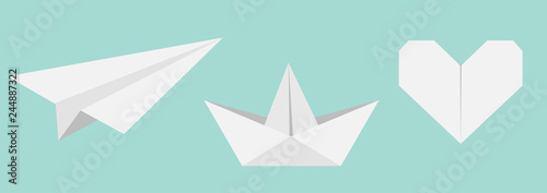 Fototapeta Naklejka Na Ścianę i Meble -  Origami paper plane, boat ship, heart icon set. Gray color. Handmade toy line. Flat design. Cute love symbol. Blue background. Isolated.