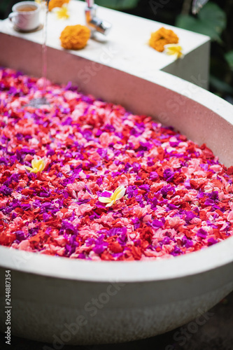 Obraz na płótnie Luxury hotel bathroom with red and pink tropical flowers, spa concept Bathtube with petals in tropics. Time for yourself. w salonie