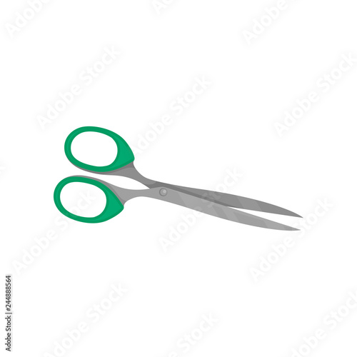Scissors with bright green plastic handles and long sharp blades. Tool for cutting paper and carton. Flat vector icon