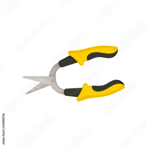 Flat vector icon of cutting pliers with black-yellow rubber handles. Working hand tool. Home repair instrument