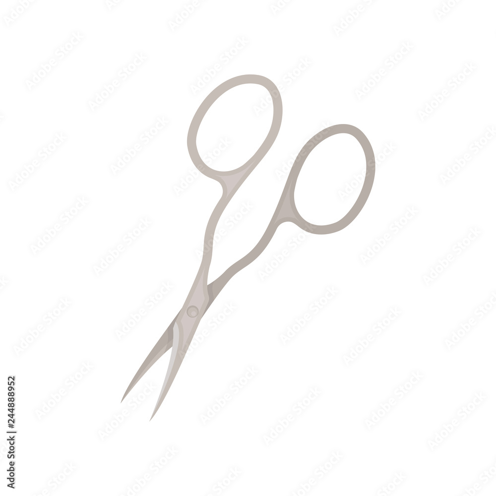 Flat vector icon of small stainless steel nail scissors. Instrument for manicure and pedicure. Cutting tool Flat vector icon of small stainless steel nail scissors. Instrument for manicure and pedicure. Cutting tool