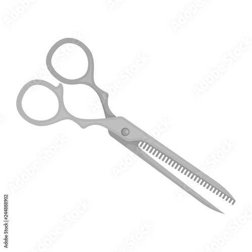 Flat vector icon of professional hair thinning scissors. Steel barber's shears. Instrument for cutting hair