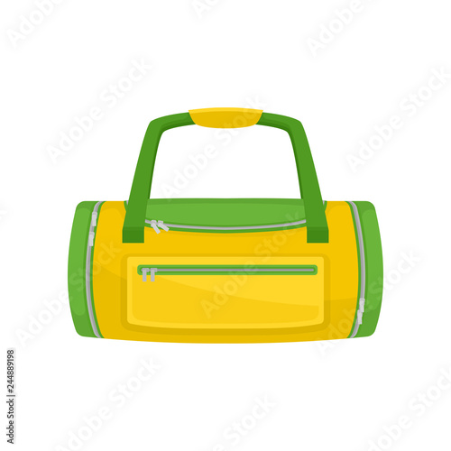 Green-yellow duffel bag with small pocket on front. Bag for carrying gym clothes and accessories. Flat vector icon