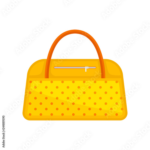 Trendy yellow women handbag with orange dots and handles. Bag for carry personal items. Flat vector design