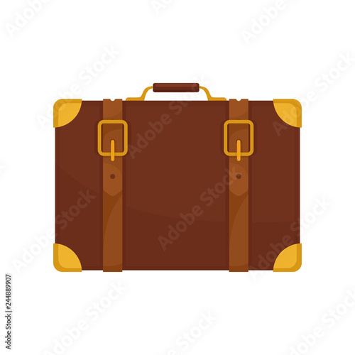 Old brown traveler suitcase. Vintage leather bag with small handle, belts and golden corners. Flat vector design