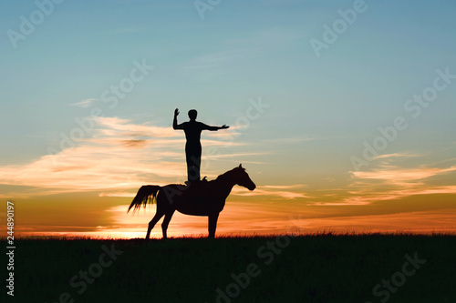 Silhouette of leader inspired man with good straight posture  standing on horse and showing hand gesture the way  direction  copy space  pointing index. Unusual horseback riding on orange-blue sunset