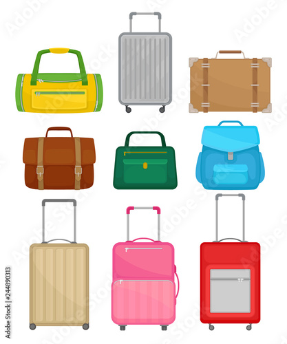 Flat vector set of different bags. Women handbag, leather briefcase, backpack, traveler suitcases on wheels, duffel bag