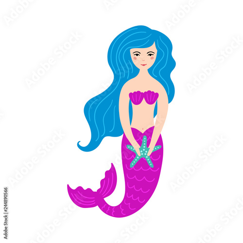Hand drawn cute little mermaid girl with starfish. 