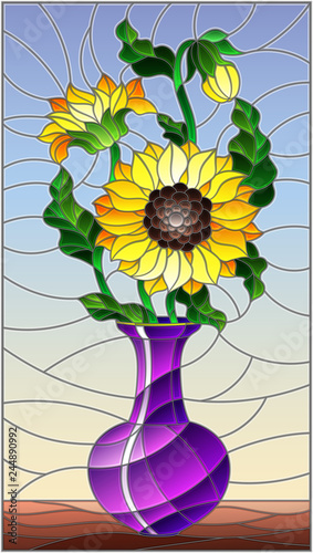 Fototapeta Naklejka Na Ścianę i Meble -  Illustration in stained glass style with floral still life, a bouquet of sunflowers in a purple vase on a blue background