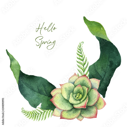 Watercolor vector green card tropical leaves and flowers isolated on white background.
