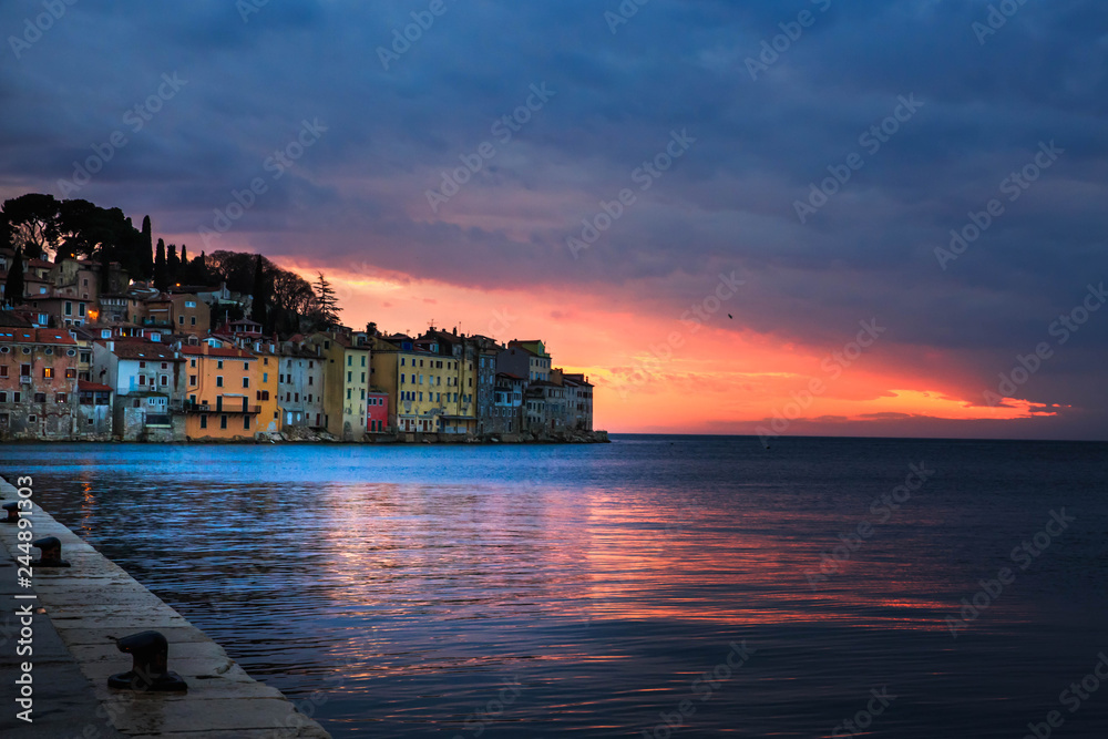 Bright sunset in spectacular romantic old town of Rovinj, Istrian Peninsula, Croatia, Europe