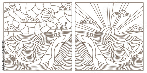Set contour illustrations with whales on the waves and the sky , the dark outline on a white background
