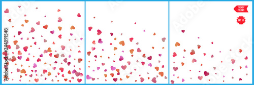 Red and pink hearts confetti celebrations. Simple festive modern design. Holiday vector. Set 3 in 1