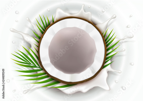Broken coconut in milk splash and drops realistic vector, half coco nut with green palm leaves, on white wavy background, top view. Design element for food packaging, natural organic cosmetics.