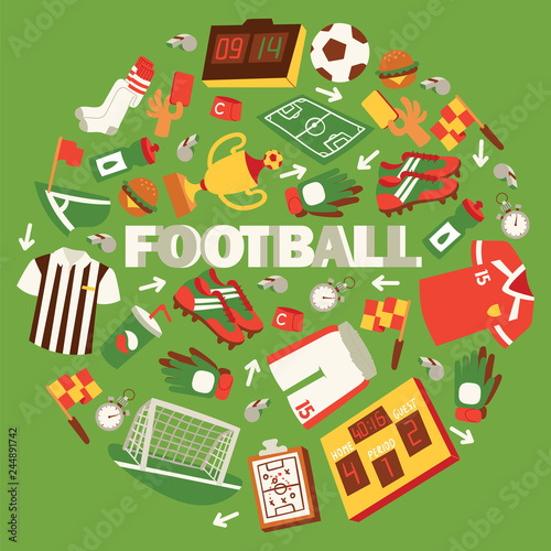 Football equipment vector illustration with field, ball, trophy, scoreboard, whistle, gloves, uniform, goal, red and yellow cards, stopwatch, cleats background poster, banner.