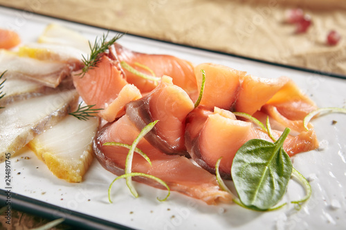 Smoked Salted Raw White Fish Fillet with Red Fish Sashimi