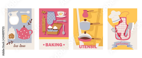 Cooking cards vector illustration. Teatime, baking, utensil, welcome. Invitation fot cooking classes, tea party. Tea pot, tea cup, cakes,cookies, leaves,baking items, tableware.