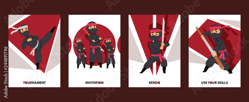 Ninja characters vector illustration. Ninja warrior with swords cards for tournament or classes invitation. Traditional school of martial arts. Kendo and Bojutsu. Use your skills.