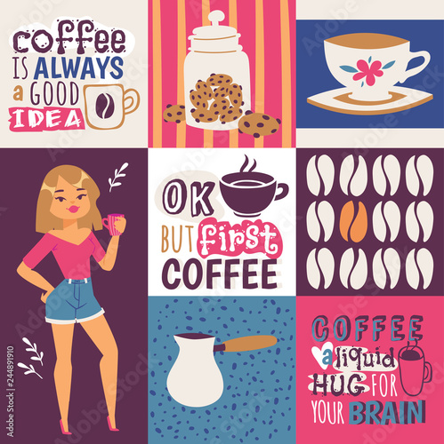 Coffee addiction vector illustration. Cute cartoon female coffee lover with a cup of drink. Coffee is always a good idea. Ok, but first coffee. Coffee a liquid huf for your brain.