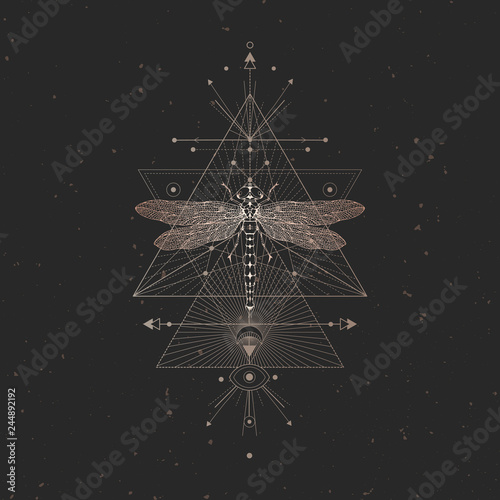 Vector illustration with hand drawn dragonfly and Sacred geometric symbol on black vintage background. Abstract mystic sign and insect. Gold linear shape.