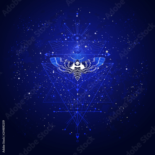 Vector illustration with hand drawn butterfly Dead head and Sacred geometric symbol against the starry sky. Abstract mystic sign. Linear shape.