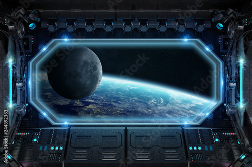 Dark spaceship interior with large window view 3D rendering