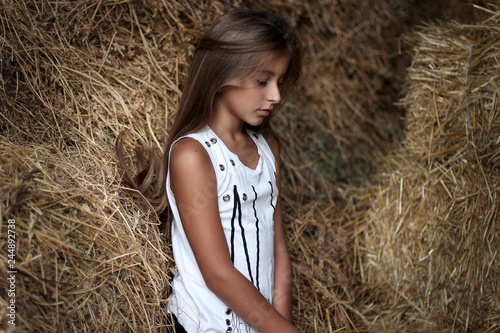 Portrait of a beautiful hippie girl among the hay. Beautiful long hair teenager.