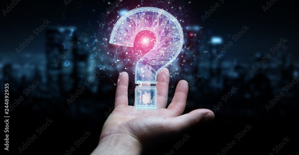 Businessman solving problem with digital question marks 3D rendering Businessman solving problem with digital question marks 3D rendering
